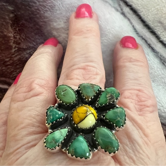 ❤️ Emerald Valley Turquoise Honey Dahlia Ring & Earring Set 925 Handmade - Picture 4 of 17